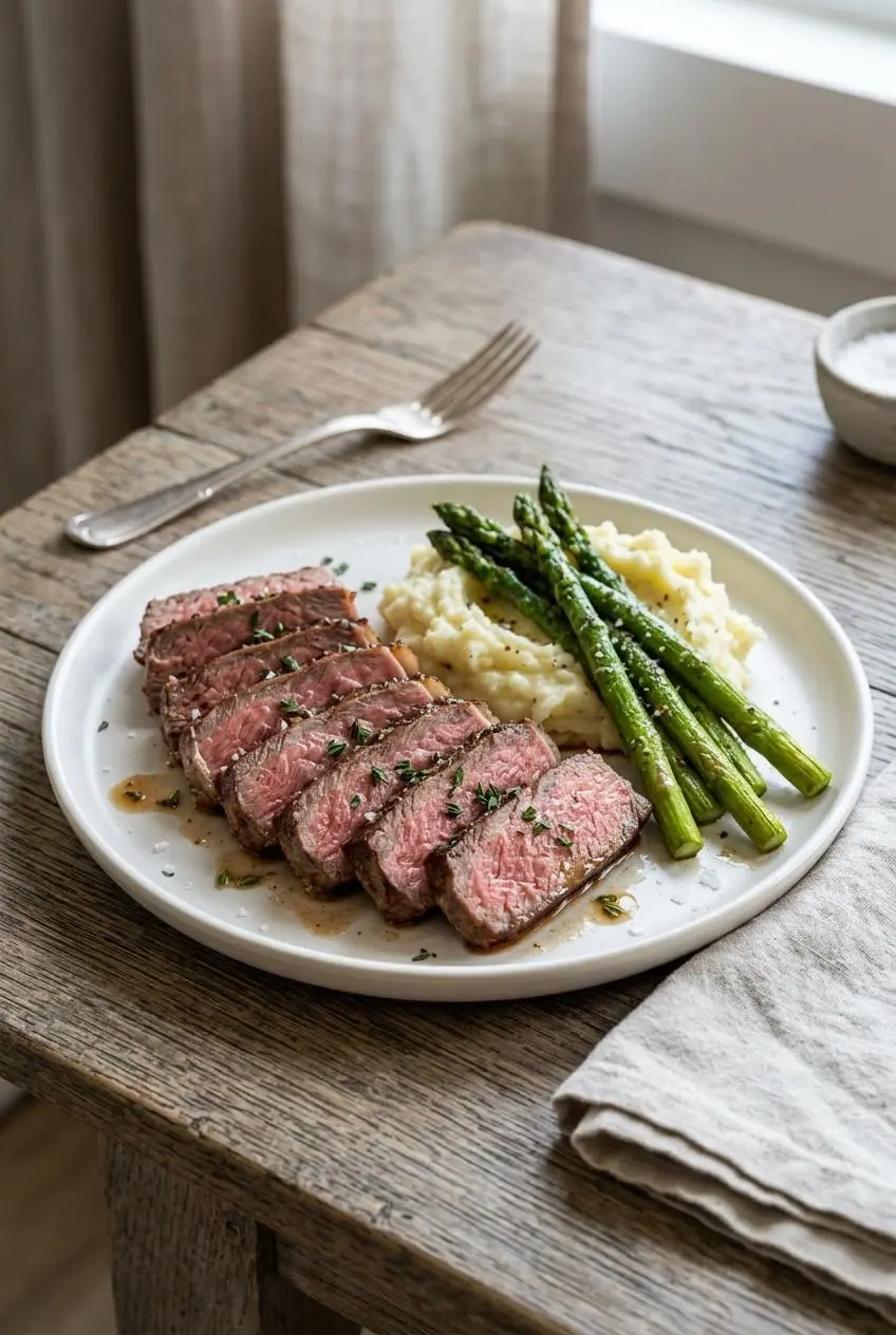 Carved reverse-seared steak ribbons served with garlic butter mashed potatoes and asparagus on a plate.