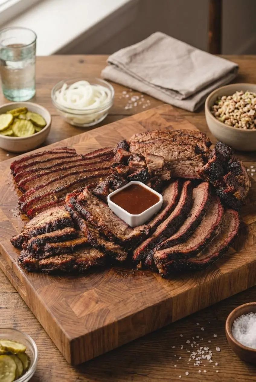 Carved smoked brisket flat and point slices on a wooden butcher block served with pickles and onions.