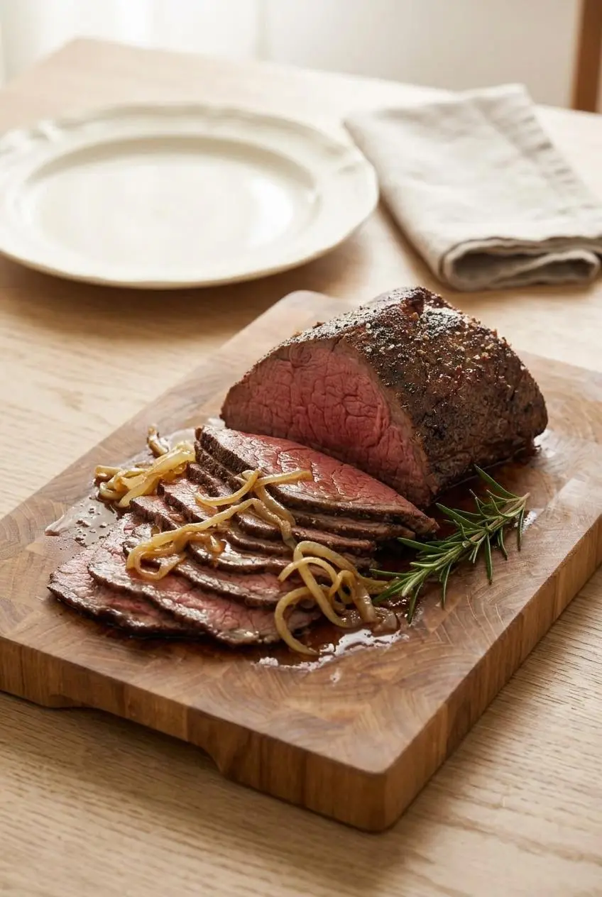 Thinly sliced rump roast arranged across a wooden board with soft onions and pan juices.