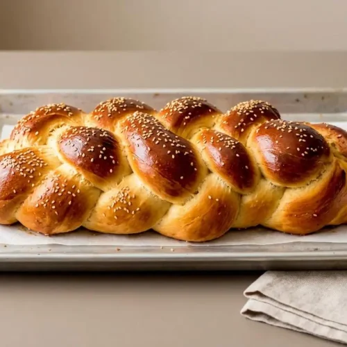 Braided challah bread recipe loaf with a shiny golden egg-washed crust and toasted sesame seeds