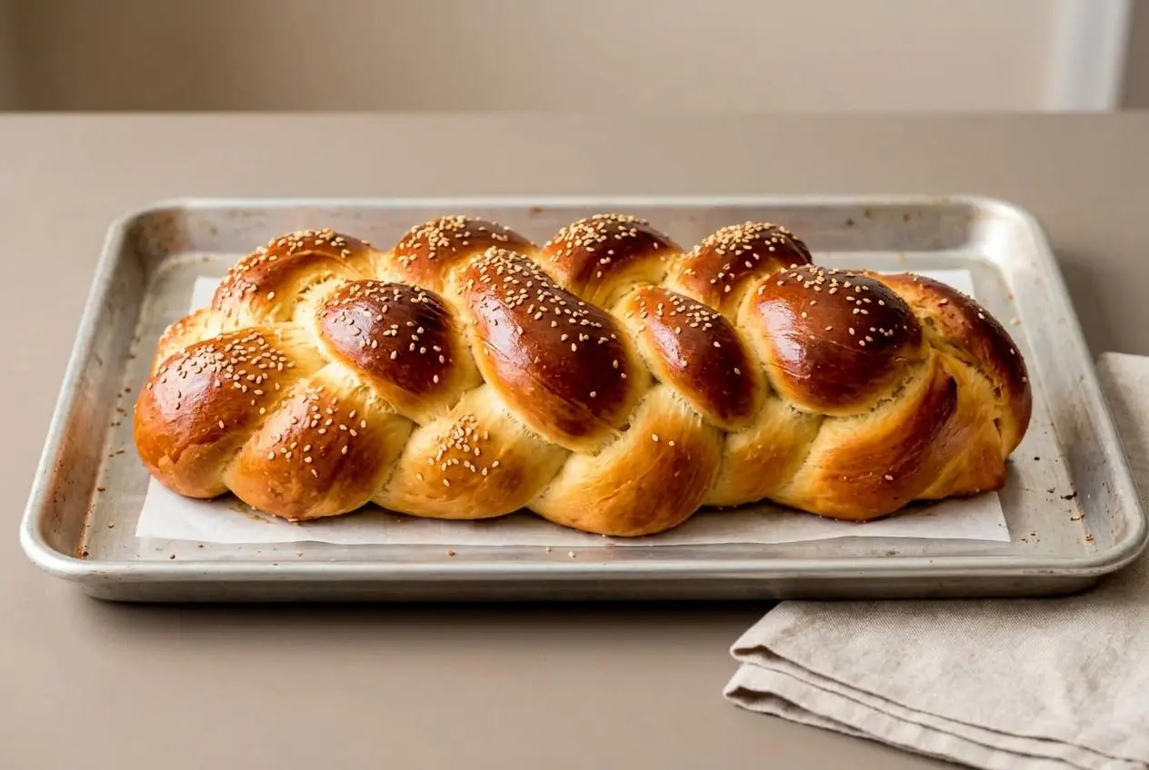 Braided challah bread recipe loaf with a shiny golden egg-washed crust and toasted sesame seeds