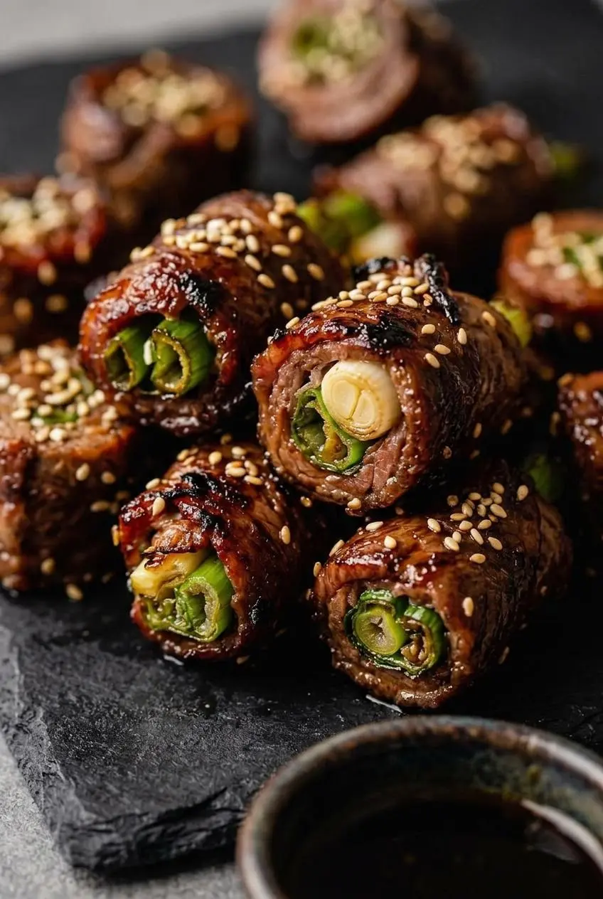 Close-up of charred beef negimaki showing caramelized glaze, golden sesame seeds, and tender scallion layers.