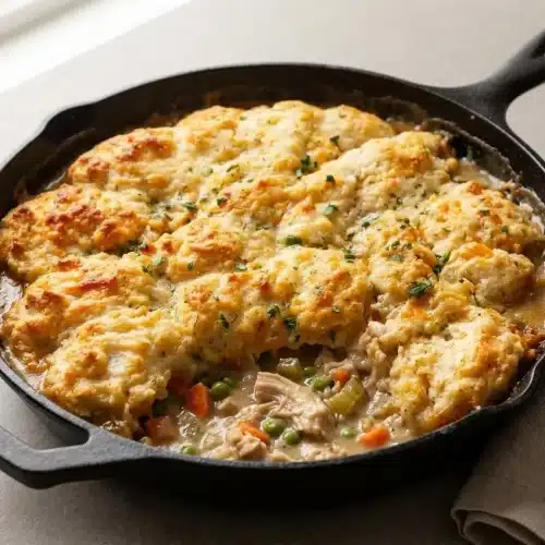 Cheddar bay biscuit chicken pot pie in a cast iron skillet with golden biscuits and creamy chicken filling.