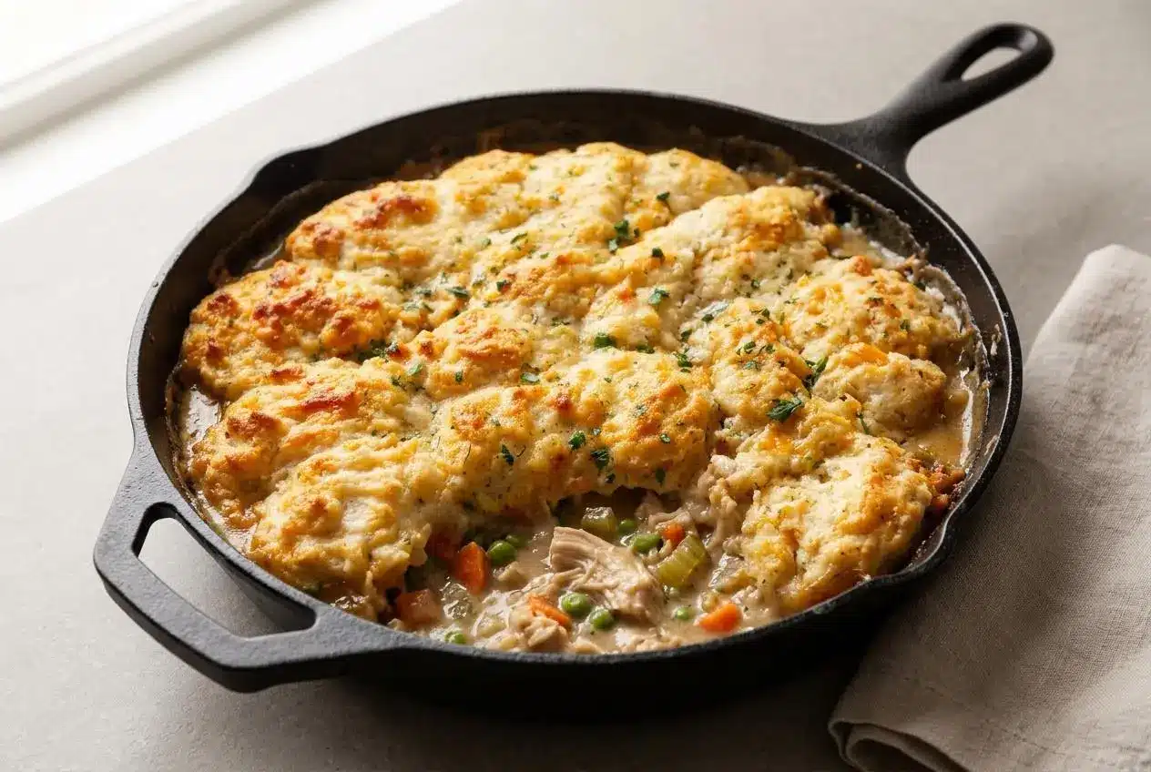 Cheddar bay biscuit chicken pot pie in a cast iron skillet with golden biscuits and creamy chicken filling.