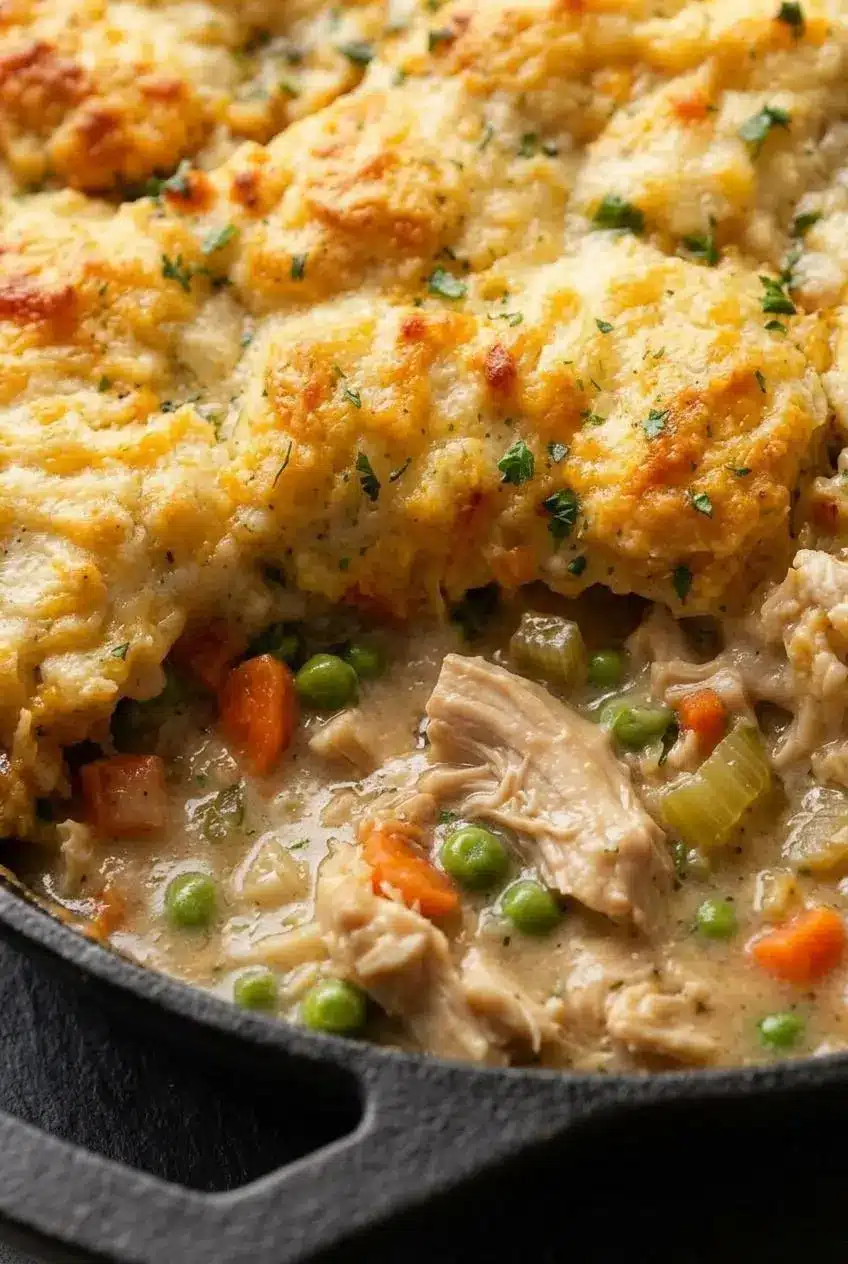 Close-up of a tender cheddar biscuit split open over thick chicken pot pie gravy with peas and carrots.