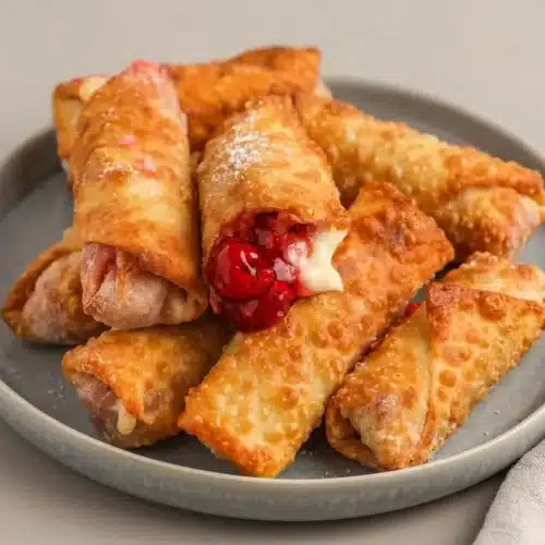 Golden cherry cheesecake egg rolls stacked on a plate with blistered crispy shells and powdered sugar.