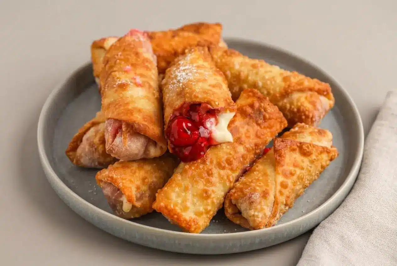 Golden cherry cheesecake egg rolls stacked on a plate with blistered crispy shells and powdered sugar.