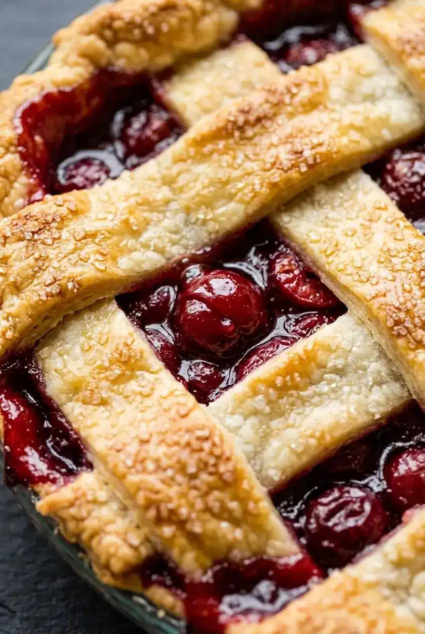 Thick, glossy cherry pie filling bubbling slowly through a golden sugar-dusted lattice.