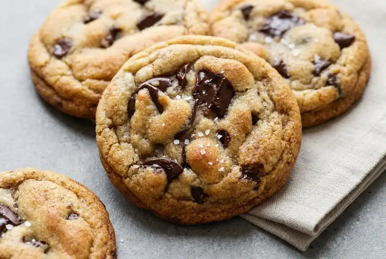 Brown butter chocolate chip cookies with golden rippled edges, molten chocolate puddles, and flaky sea salt.