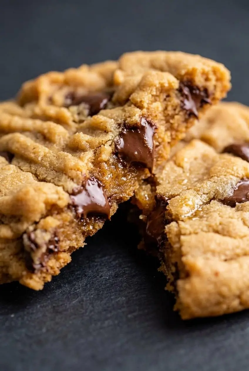 Peanut butter cookie pulled apart to reveal a soft, chewy interior with melted chocolate.