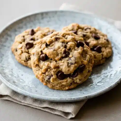 Thick peanut butter oatmeal cookies with chewy golden edges and melted chocolate chips.