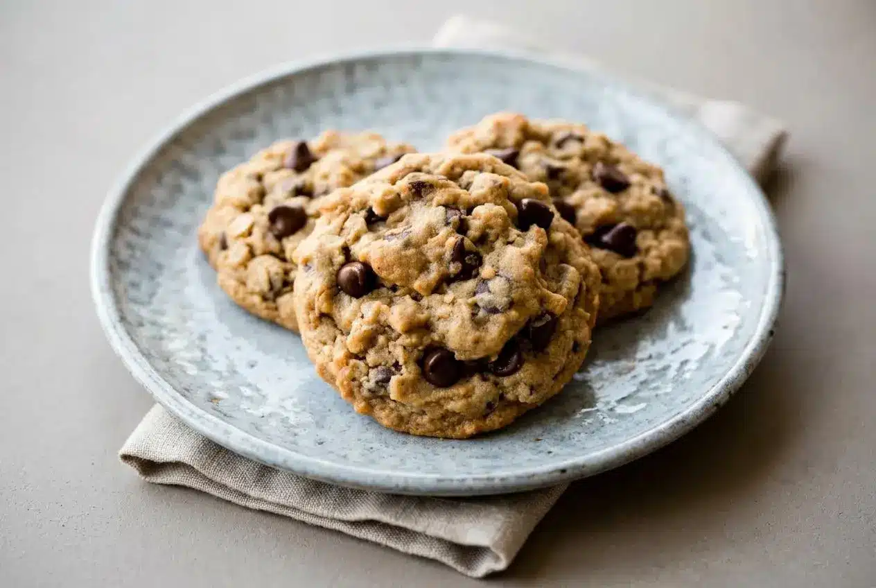 Thick peanut butter oatmeal cookies with chewy golden edges and melted chocolate chips.