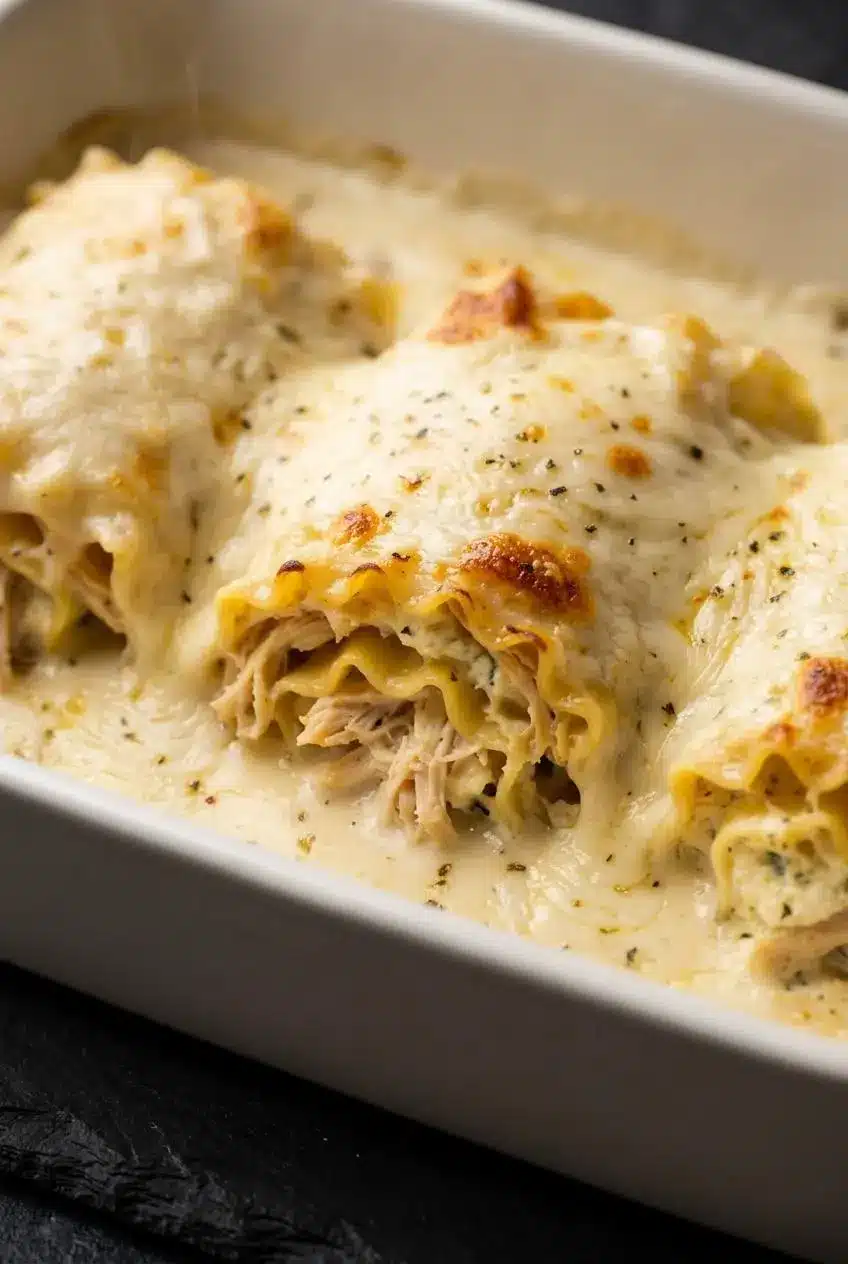 Macro close-up of a chicken alfredo lasagna roll up showing thick creamy filling and blistered mozzarella.