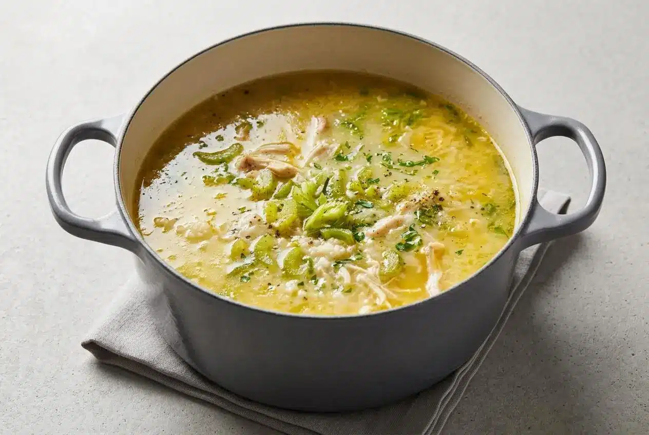 Steaming chicken and rice soup topped with tender shredded chicken, tender rice, and fresh parsley.
