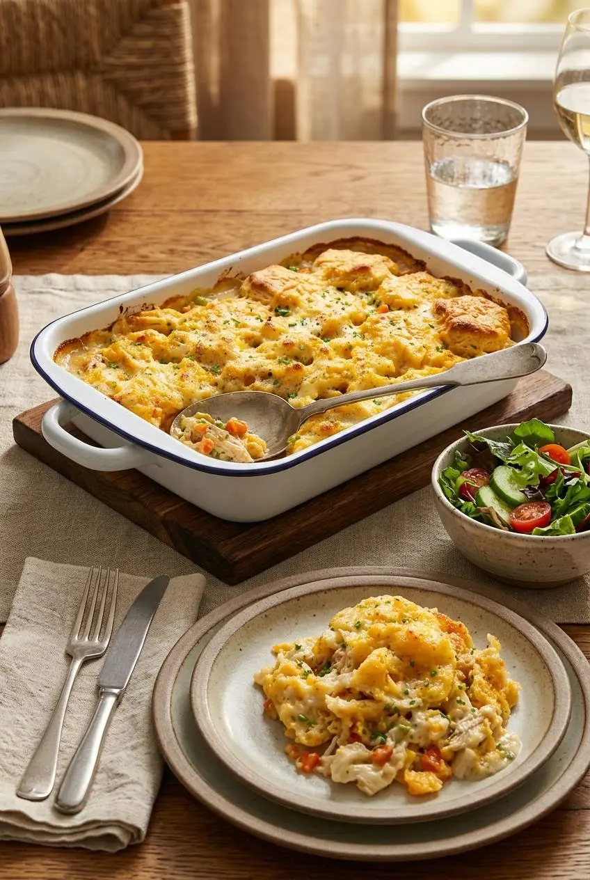 Warm serving of chicken cobbler on a ceramic dinner plate paired with a crisp side salad.