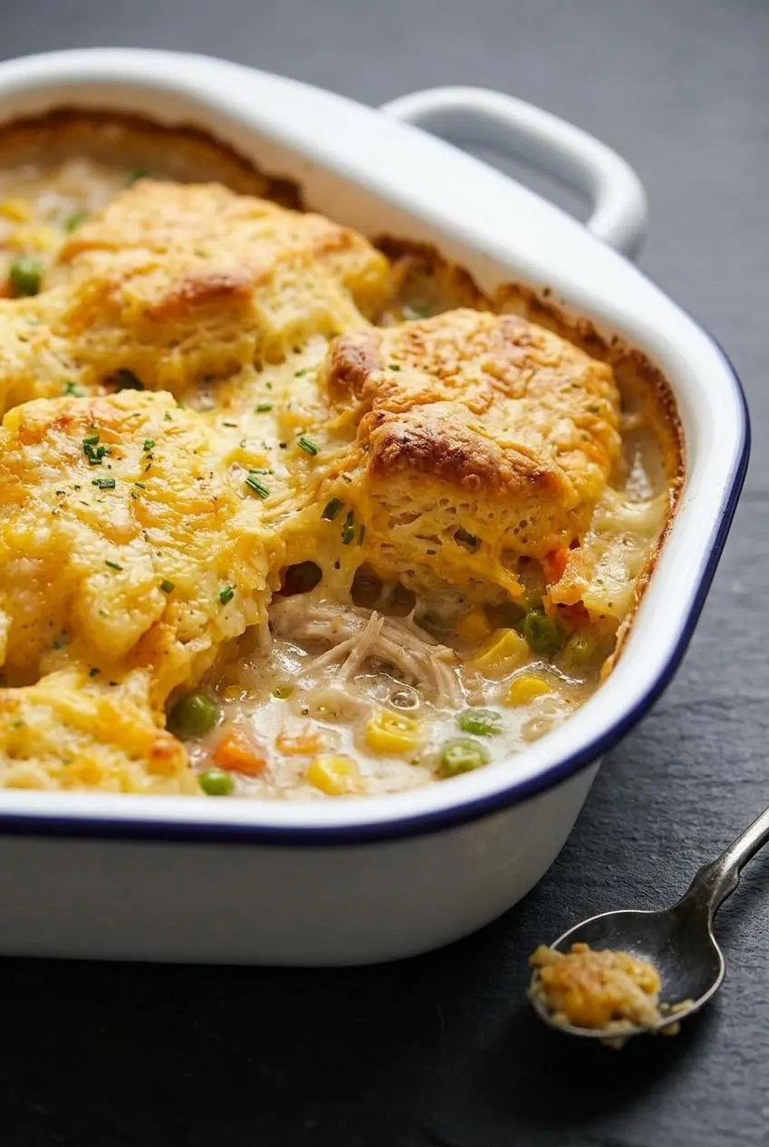 Macro detail of baked chicken cobbler with bubbling gravy and a crisp golden cheddar crust.