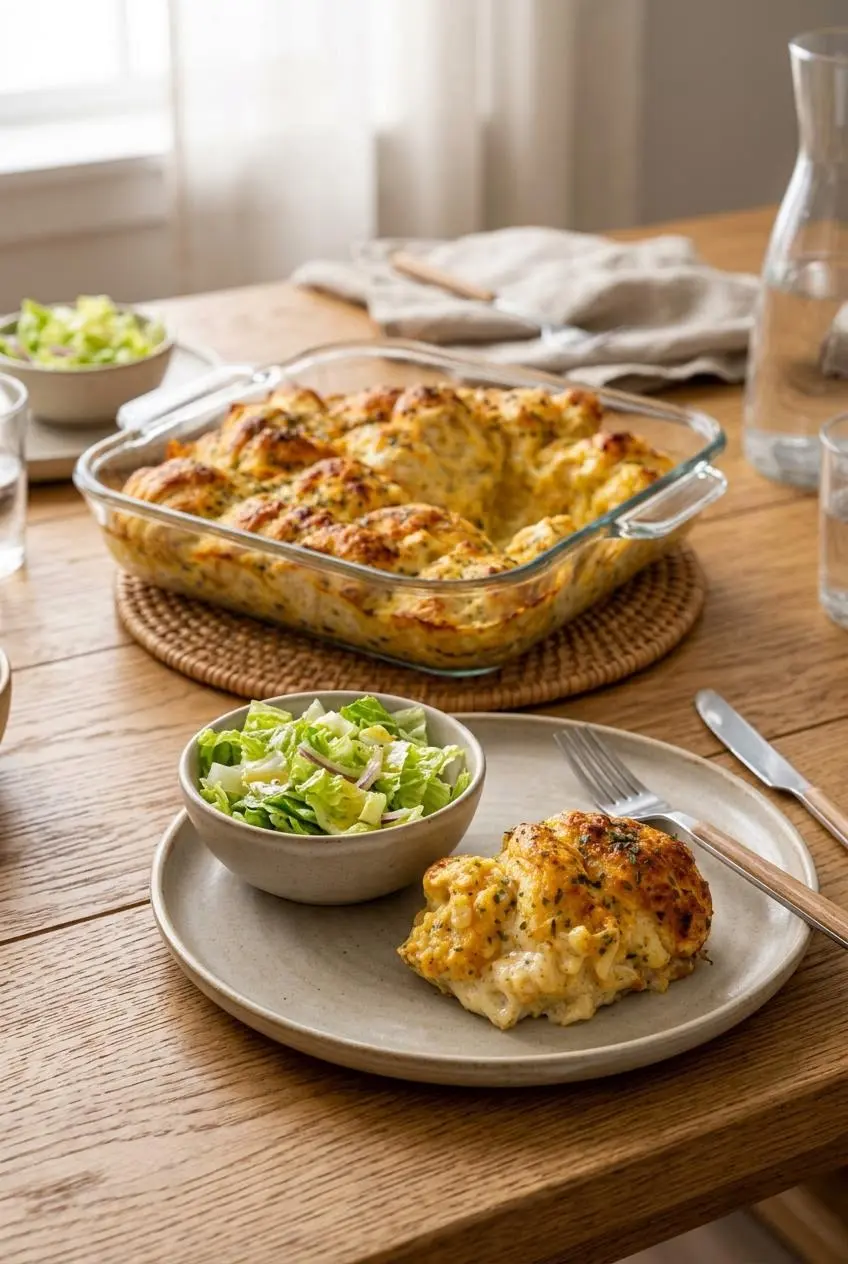 Plated portion of chicken crescent roll casserole served alongside a crisp romaine salad with vinaigrette.