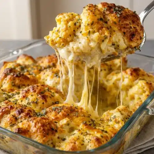 Golden chicken crescent roll casserole baked with bubbling melted cheddar cheese in a baking dish.
