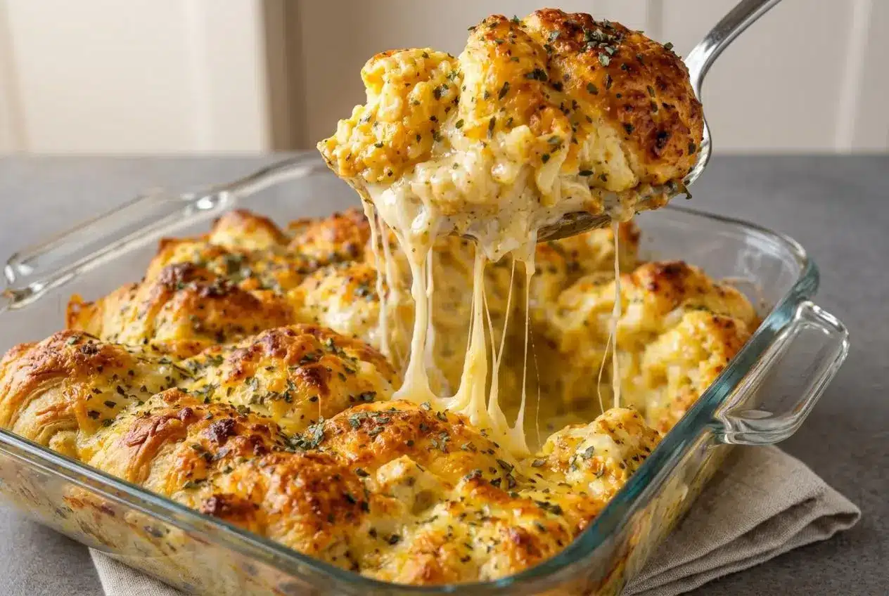 Golden chicken crescent roll casserole baked with bubbling melted cheddar cheese in a baking dish.