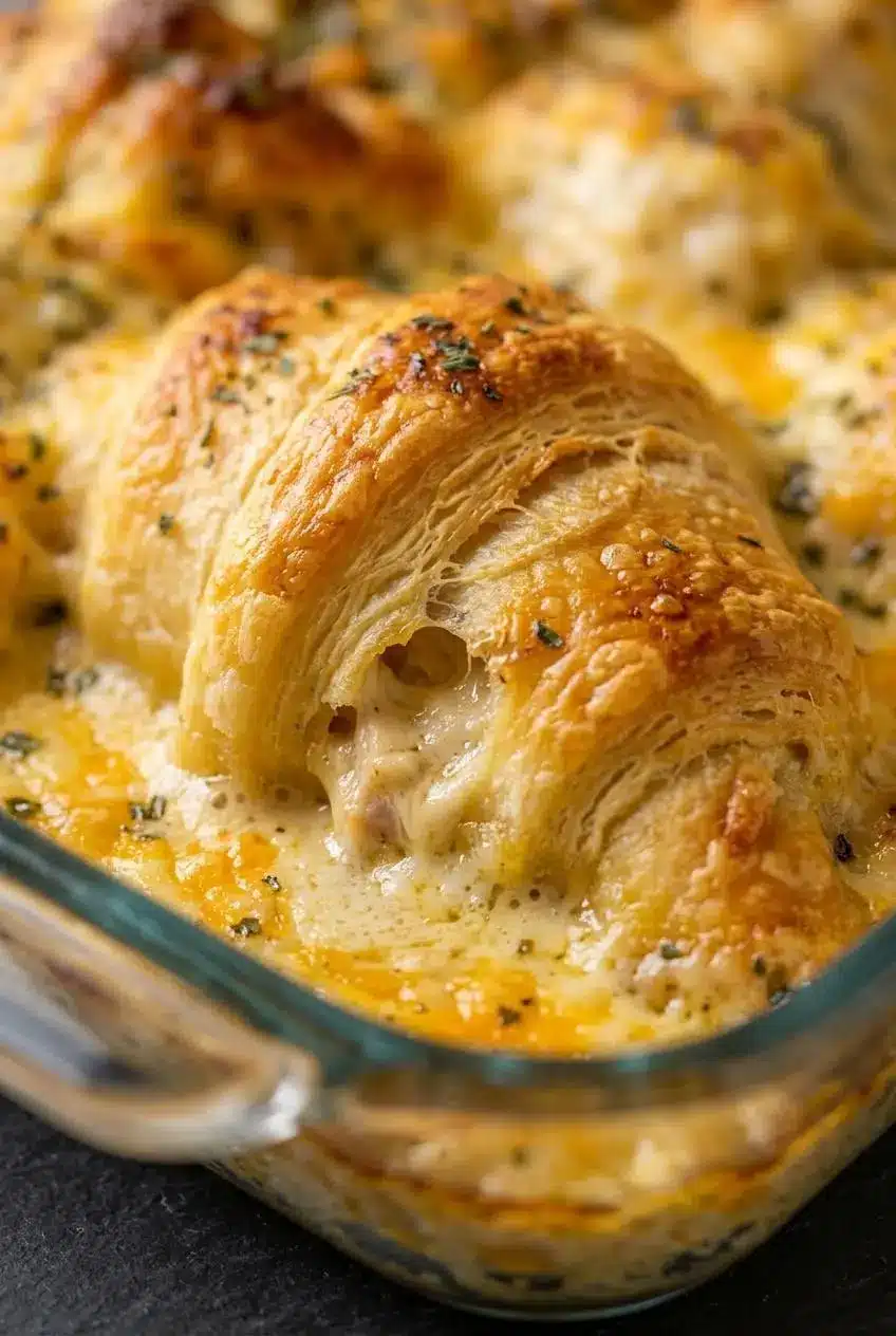 Close-up of a crisp golden crescent roll seam nestled in bubbling cheddar sauce and cream cheese filling.