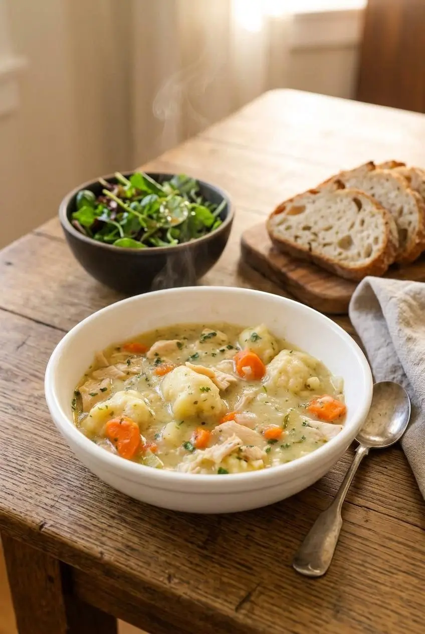 Chicken dumpling soup served alongside a crisp green salad and sliced rustic sourdough bread.