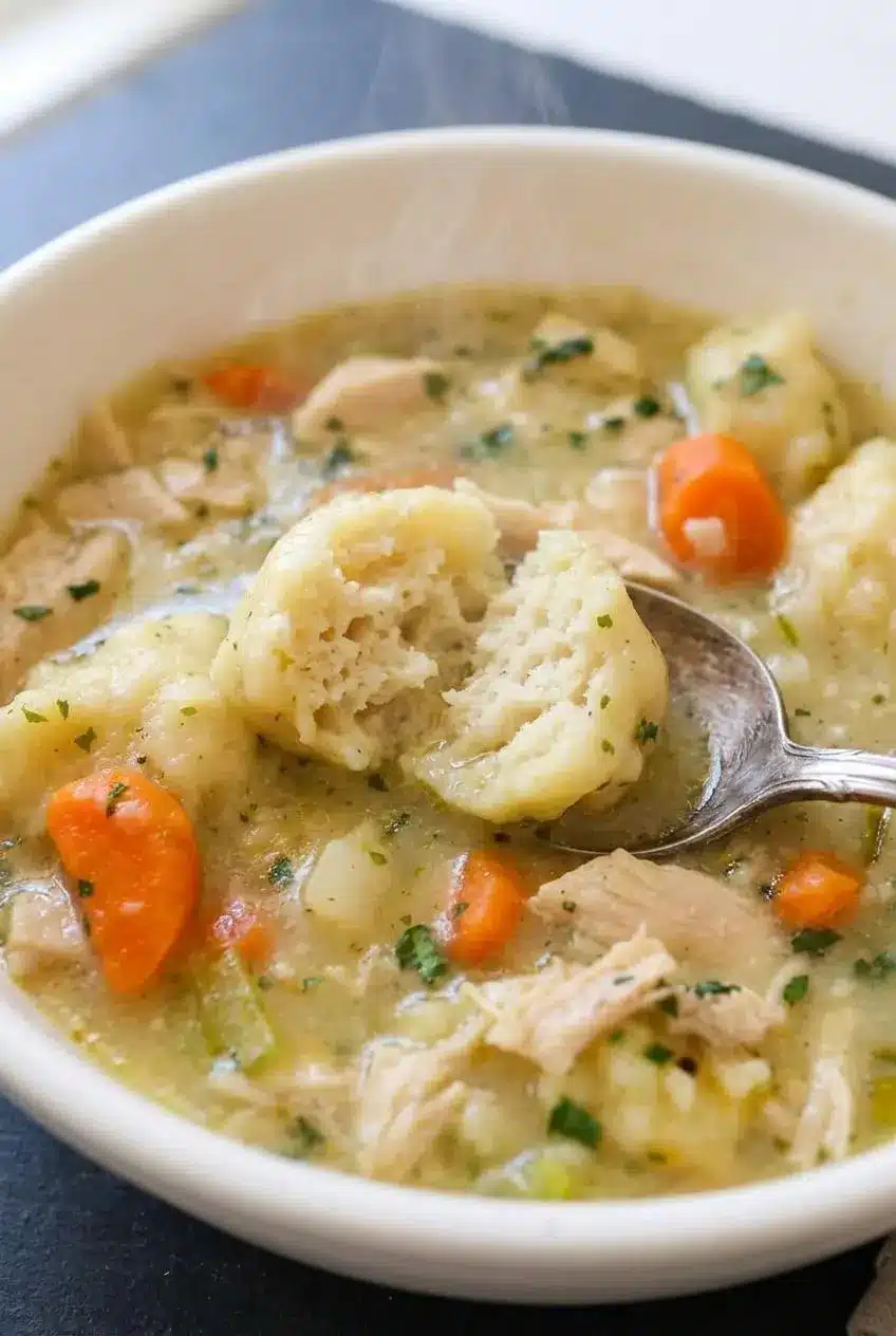 Spoon parting a fluffy drop dumpling to reveal its tender biscuit interior in chicken dumpling soup broth.