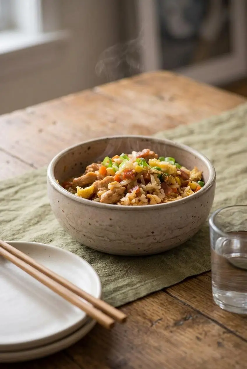 Steaming chicken fried rice served in a wide ceramic bowl set on a rustic wooden dining table.