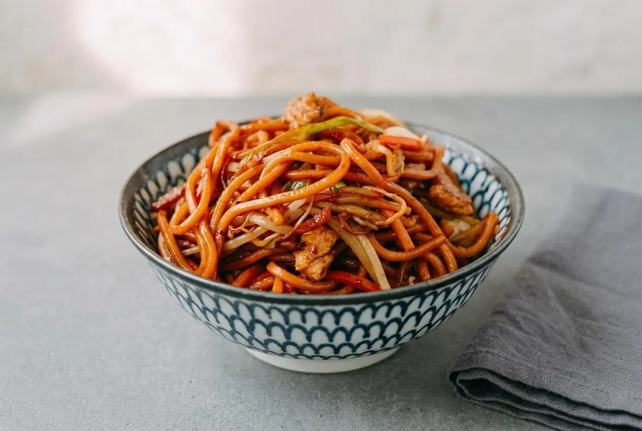 Tender chicken lo mein tossed with egg noodles, shredded cabbage, carrots, and a glossy dark soy glaze.