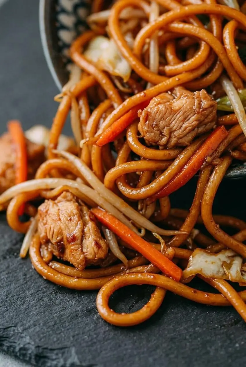 Close-up of soft egg noodles coated in dark soy sauce glaze with sliced chicken and crisp bean sprouts.