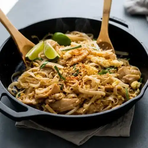 Plated chicken pad thai featuring glossy amber rice noodles, seared chicken, crushed peanuts, and fresh lime.
