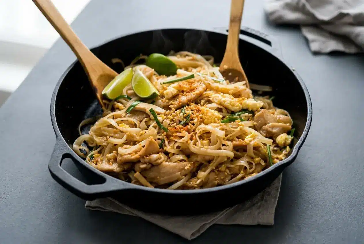 Plated chicken pad thai featuring glossy amber rice noodles, seared chicken, crushed peanuts, and fresh lime.