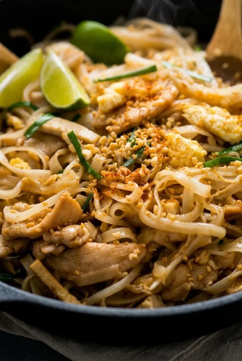 Close-up of separated amber rice noodles tossed with tender chicken slices, firm tofu batons, and egg curds.