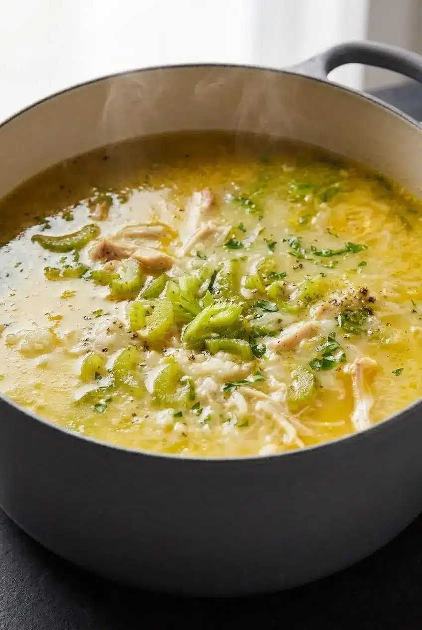 Close-up of velvety golden chicken broth with softened jasmine rice grains and minced parsley.