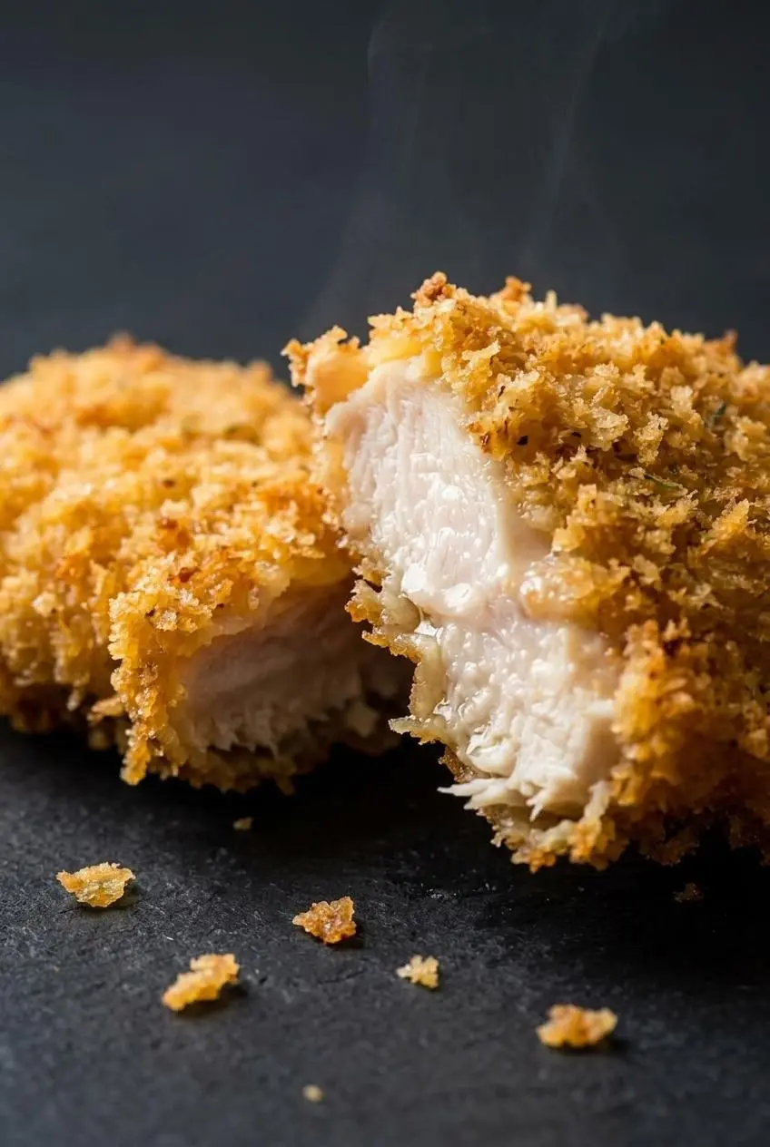 Broken crisp chicken strip showing juicy tender meat inside and crunchy golden panko crust.