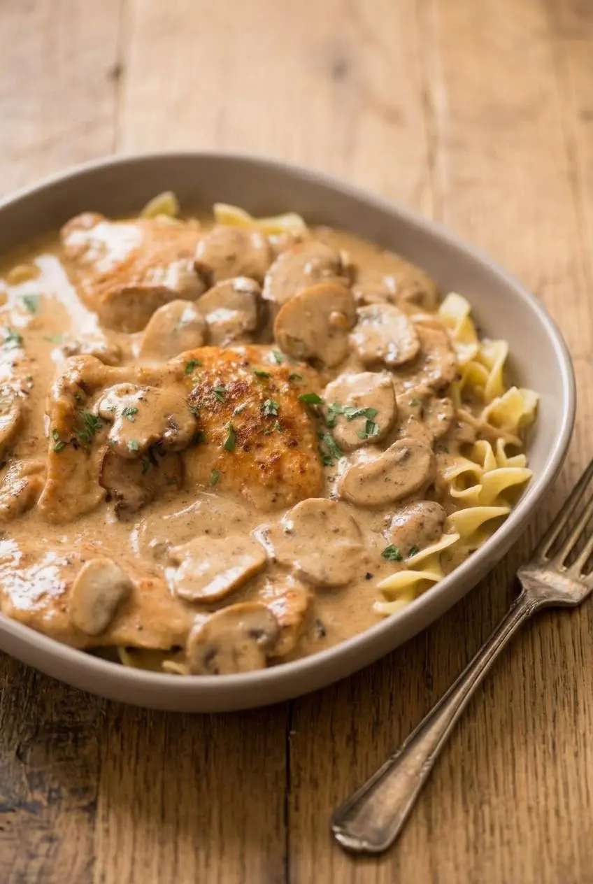 Chicken stroganoff served over a bed of warm buttered egg noodles and garnished with fresh minced parsley.