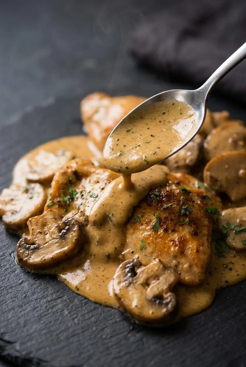 Spoon lifting a glossy ribbon of velvety sour cream gravy coating tender chicken and caramelized cremini mushrooms.