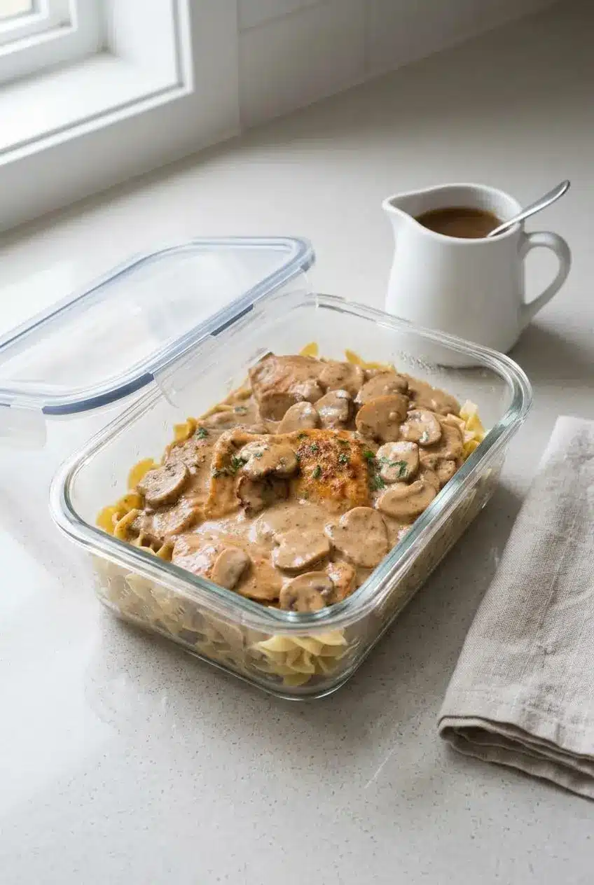 Glass food storage container holding leftover chicken stroganoff beside a small pitcher of beef broth.