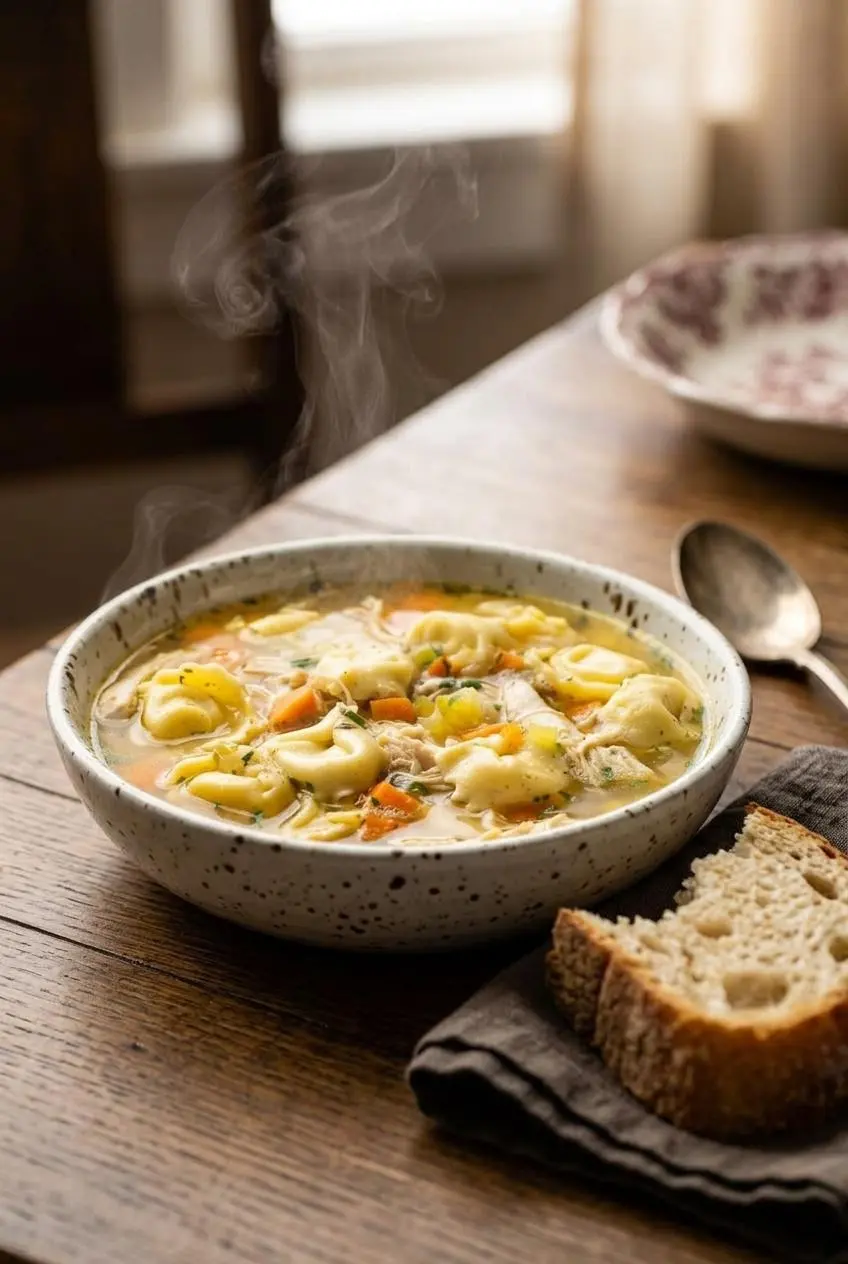 Steaming bowl of chicken tortellini soup served with a slice of crusty sourdough bread on a wood table.