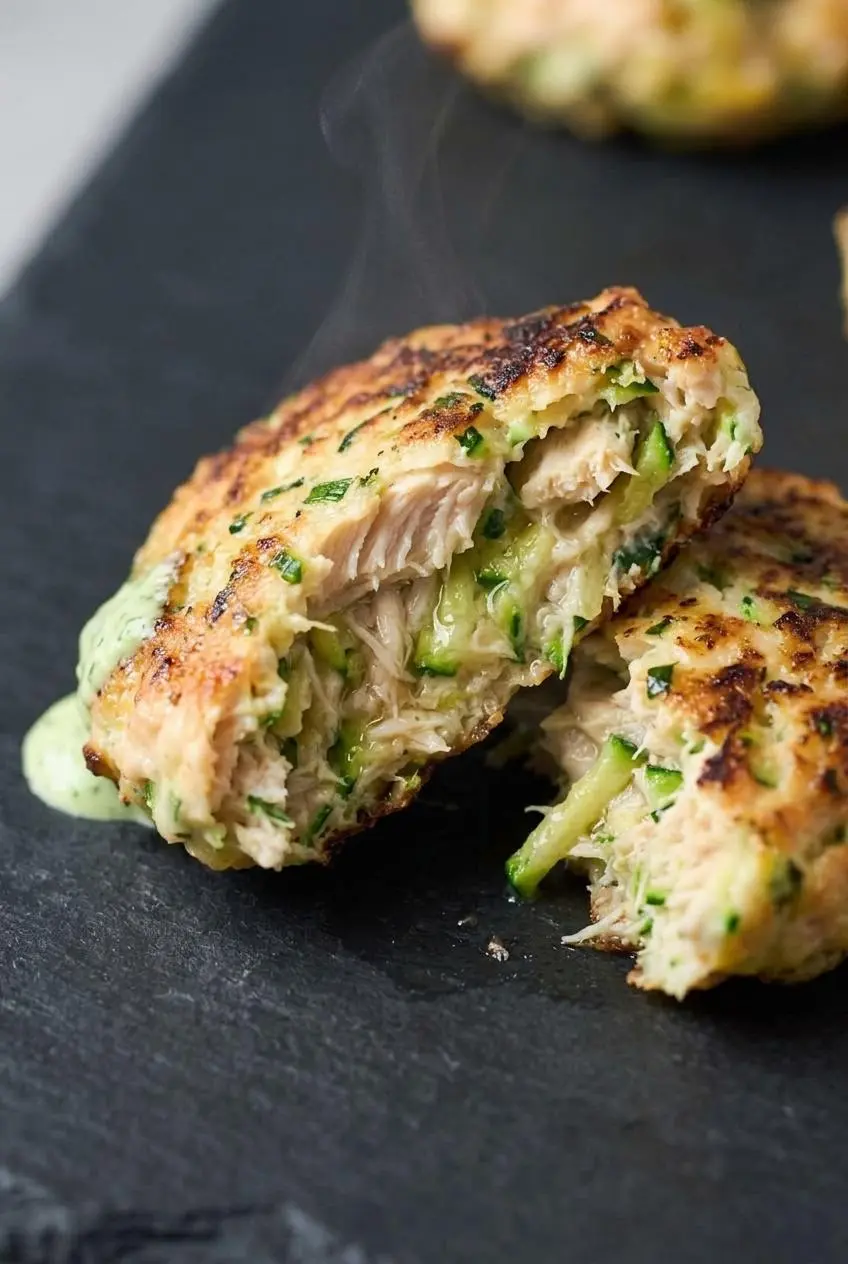 Halved chicken zucchini popper revealing a juicy interior with green zucchini shreds and a browned crust.