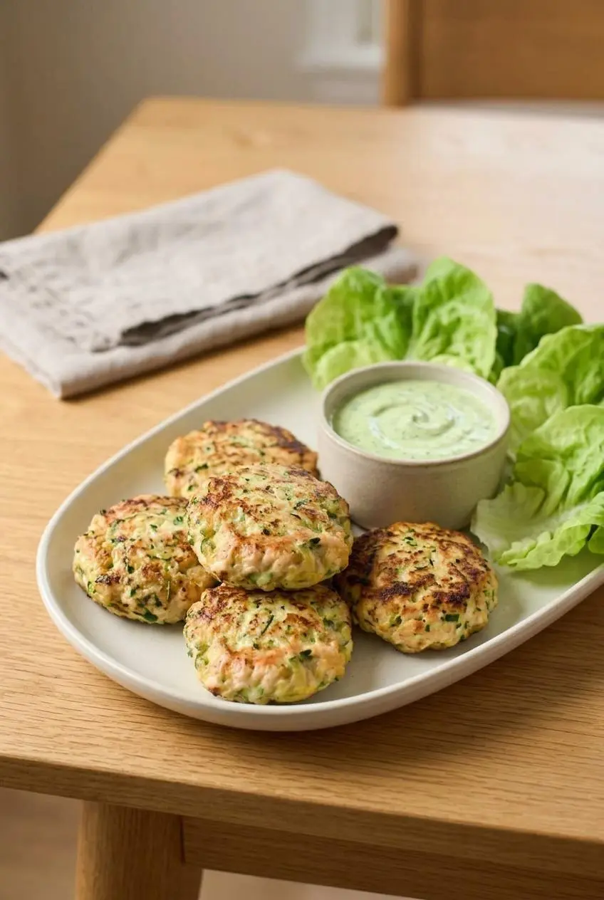Chicken zucchini poppers served on a platter with creamy cilantro sauce and fresh butter lettuce cups.