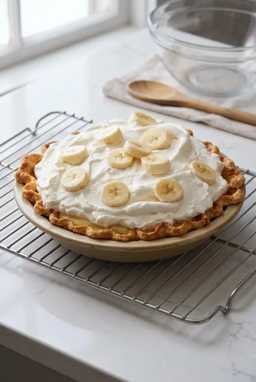 Chilled banana cream pie resting on a baker rack over a quartz counter to set the custard filling.