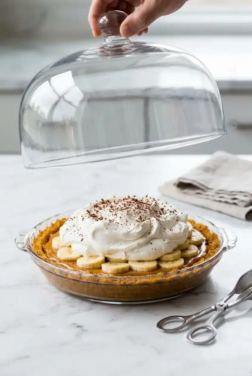 Chilled banoffee pie resting on a white marble counter with a glass dome cloche.