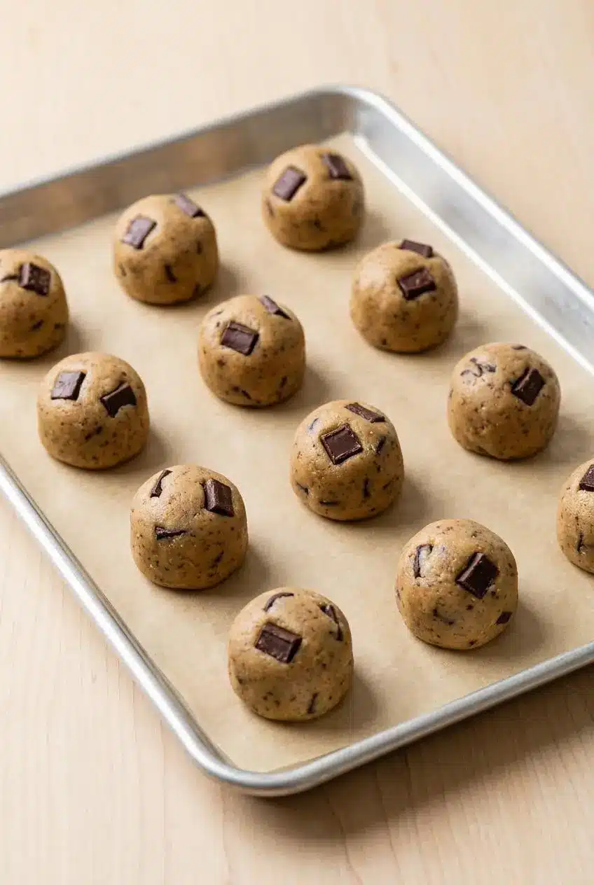 Chilled brown butter cookie dough balls portioned tall on a parchment paper lined baking sheet.
