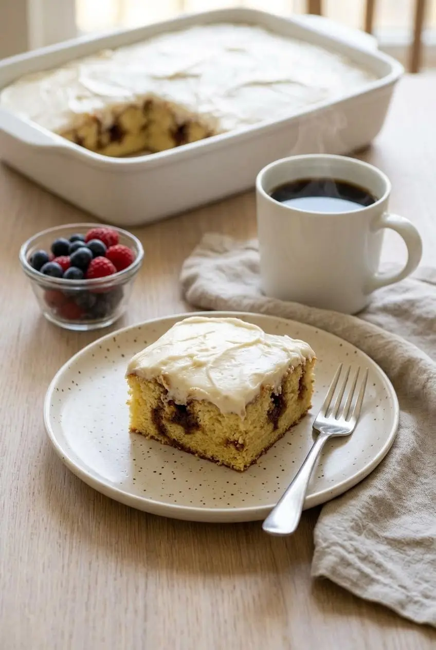 Chilled square of cinnamon roll poke cake served on a plate beside fresh berries and hot black coffee.