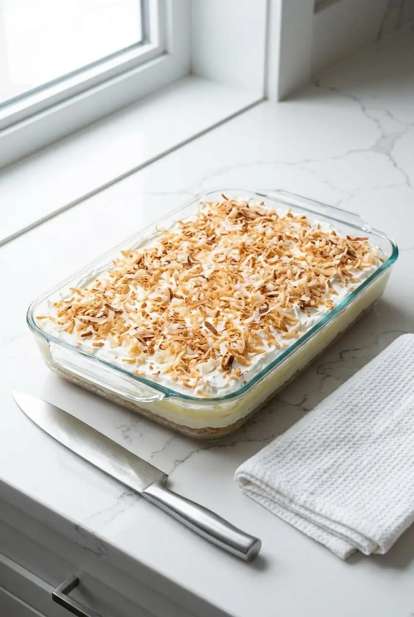 Chilled 9x13 pan of coconut cream lush set on a counter next to a chef knife for neat slicing.