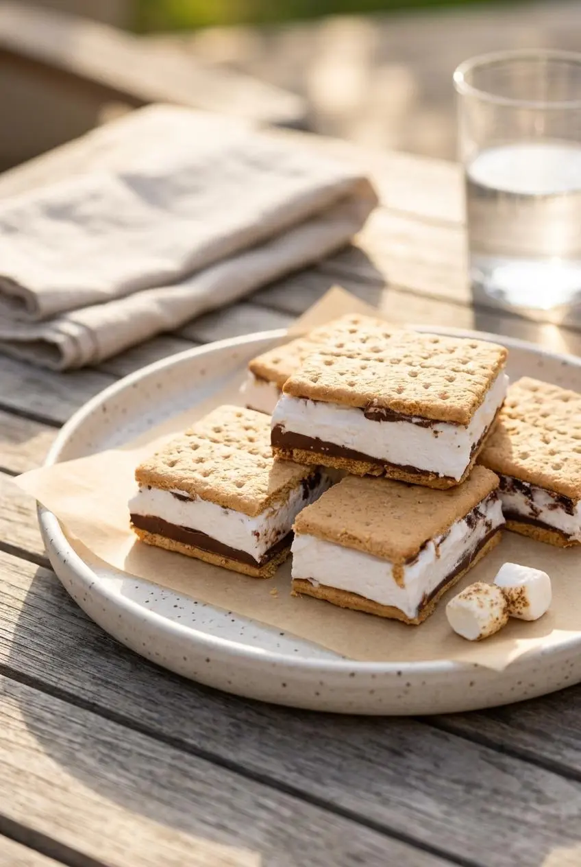 Platter of sliced frozen s'mores bars set on parchment paper over an outdoor wooden patio table.