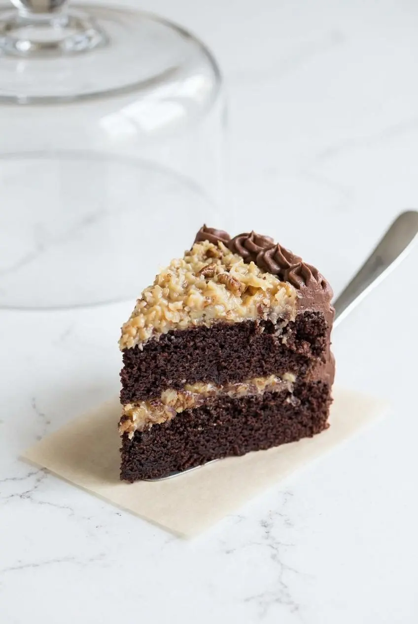 Chilled slice of german chocolate cake on parchment paper showing firm, stabilized filling layers.