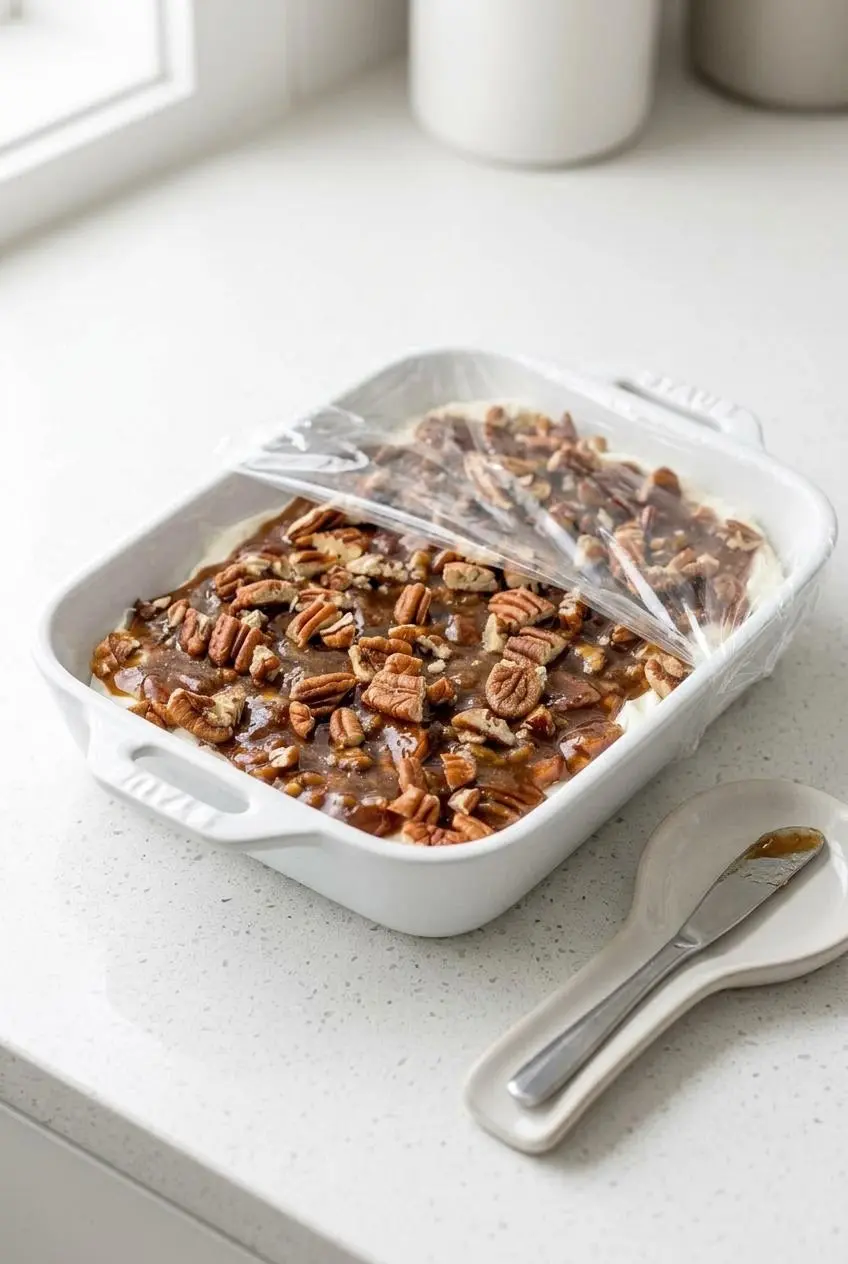 Covered dish of pecan pie dip resting on a kitchen counter with wrap peeled back to temper.