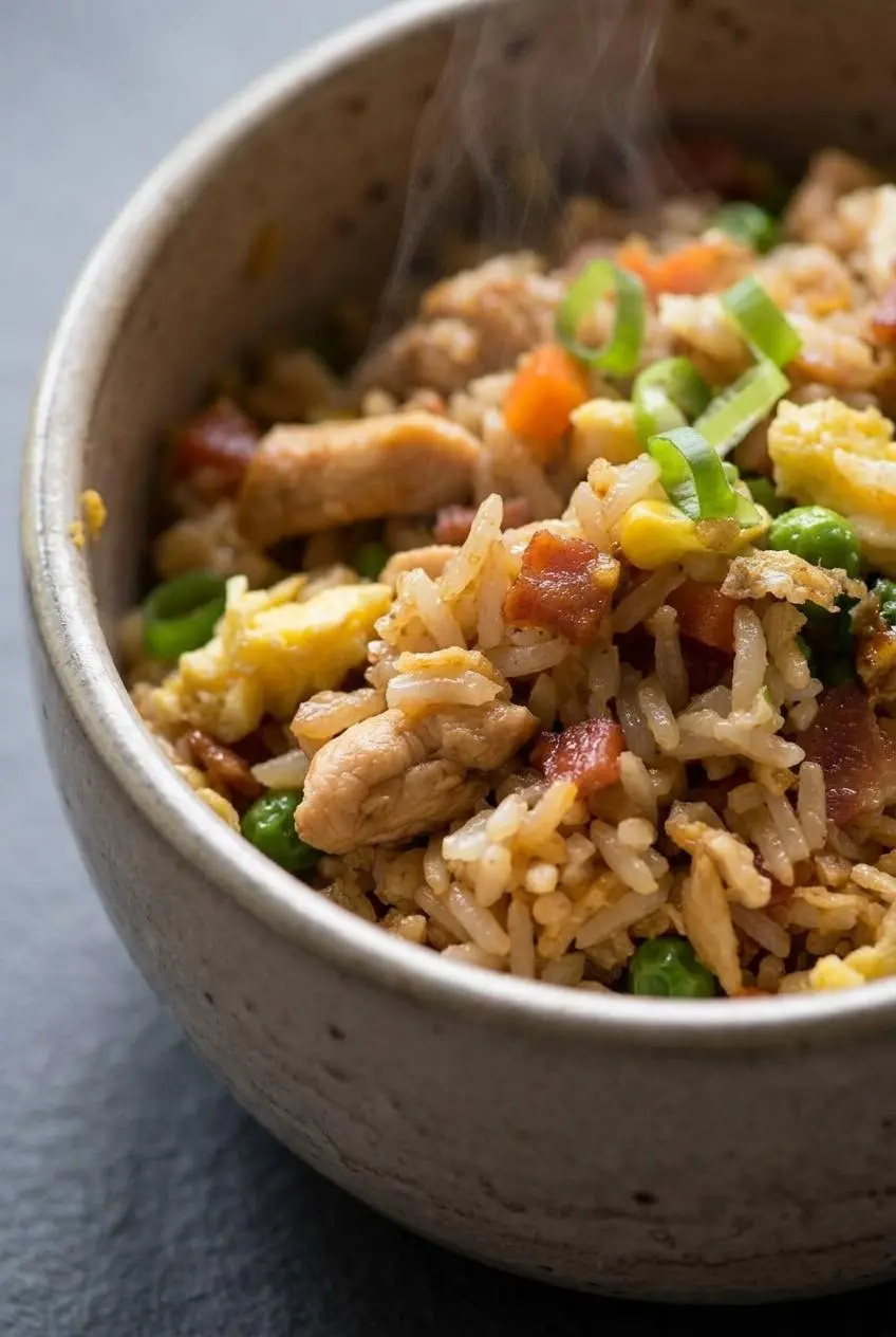 Close-up of separate day-old rice grains coated in savory soy glaze with chicken cubes and egg curds.