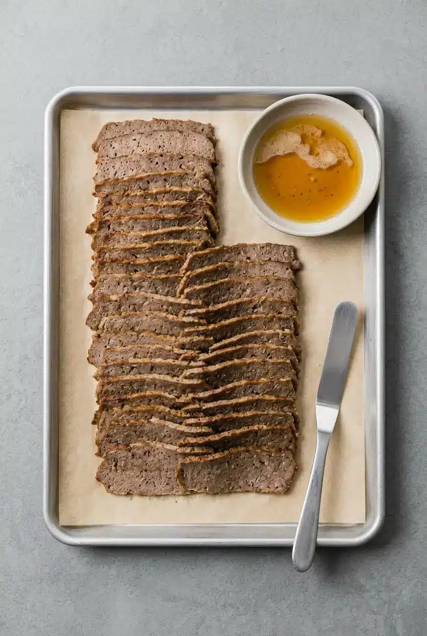 Chilled slices of baked gyro meat loaf stacked on parchment paper beside a small dish of reserved pan drippings.